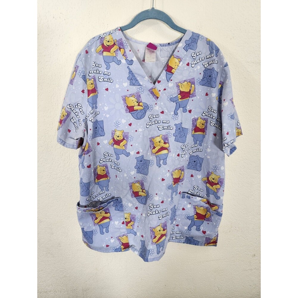 Disney Scrubs XL Winnie The Pooh Scrub Top You Make Me Smile Blue V-Neck